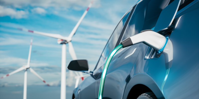 汽车在风车的背景下充电.充电电动车。电动汽车在风力涡轮机的背景下充电.使用可再生能源的车辆。3D渲染